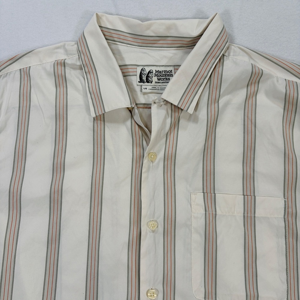 Marmot Mountain Works Mens Large Striped Short Sleeve Button Down Shirt Cream